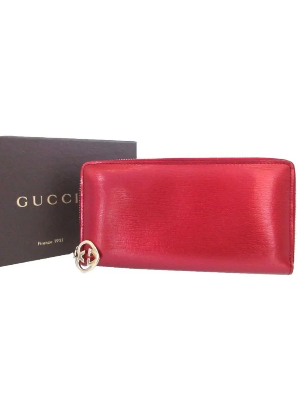Gucci Interlocking G Lovely Heart Leather Metallic Red Zip Around Wallet